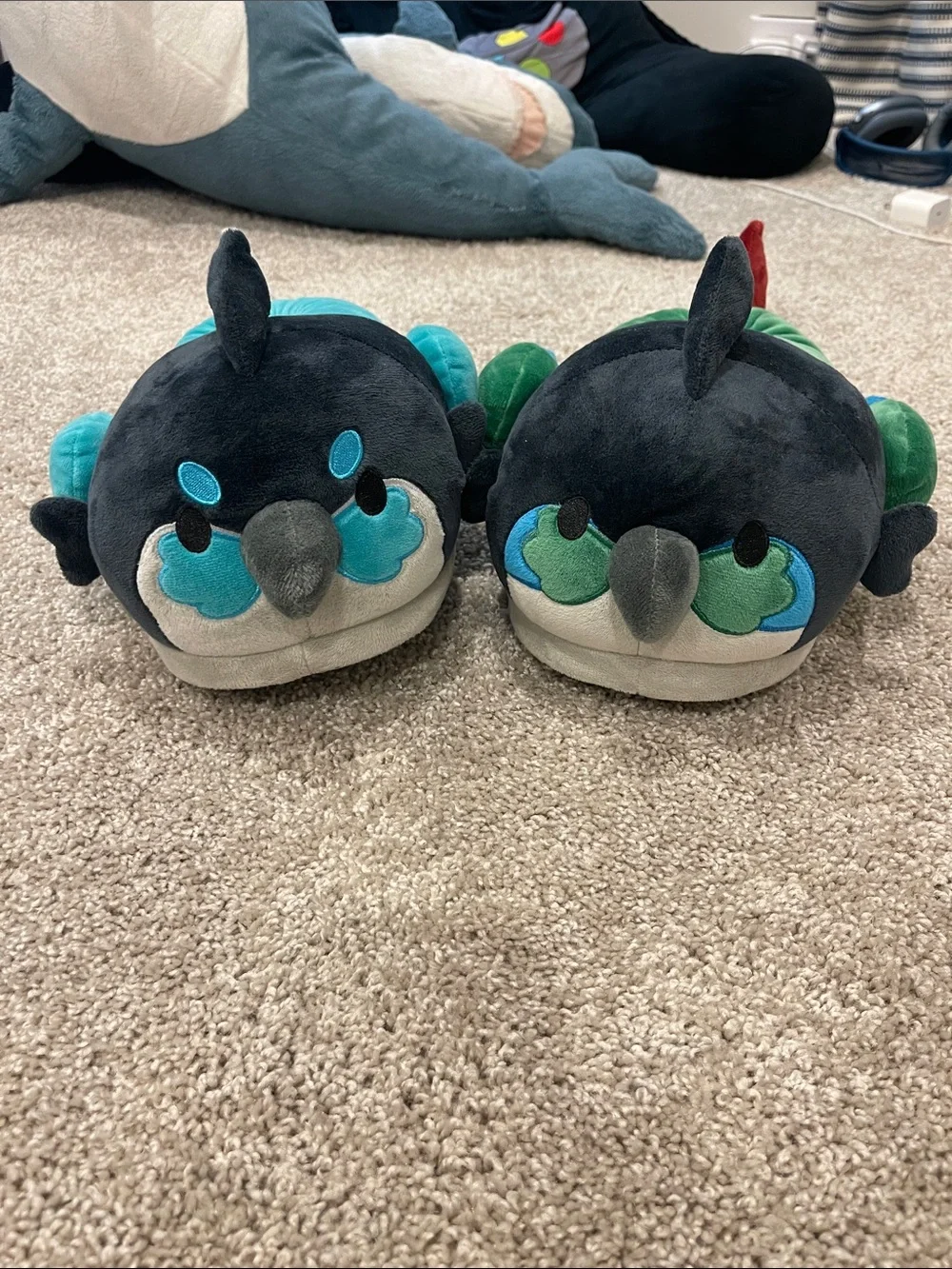 Ari & Tofu Plush Parrot Bird Slippers - Green & Teal Plush Bird